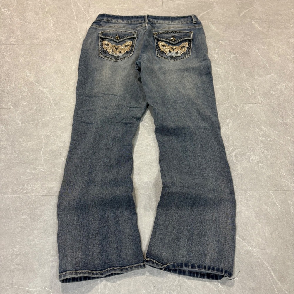 Faded Glory Womens 12P Blue Embroidered Pocket Bootcut Jeans Medium Wash Petite